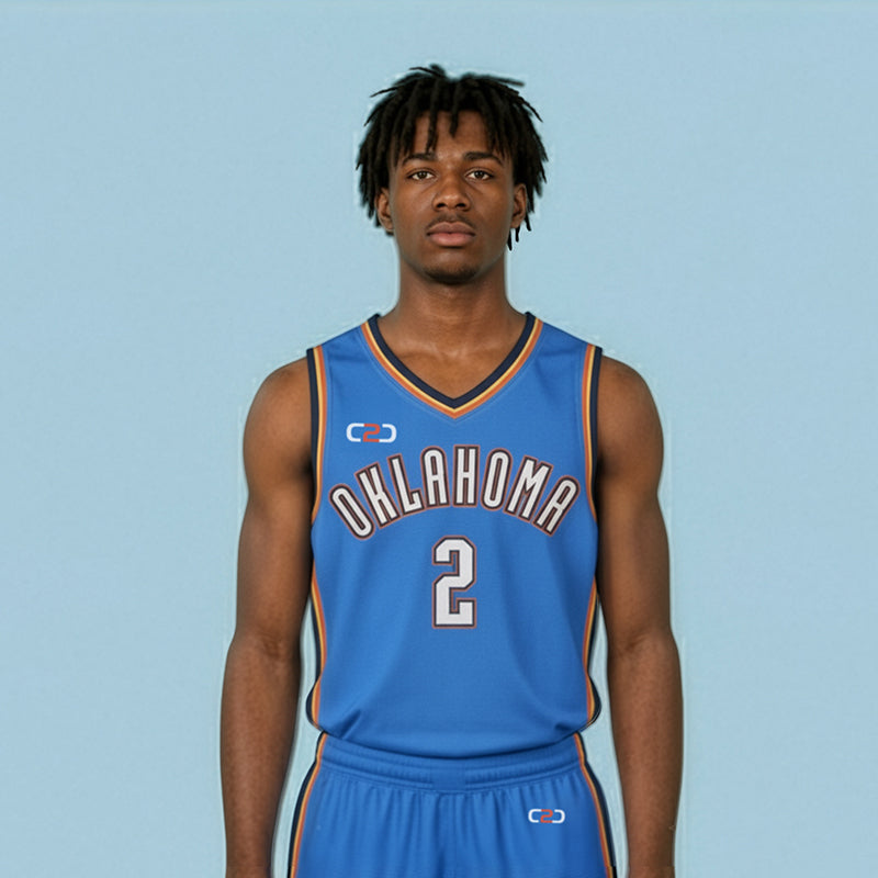 Front view of blue Oklahoma basketball jersey with number 2 on player