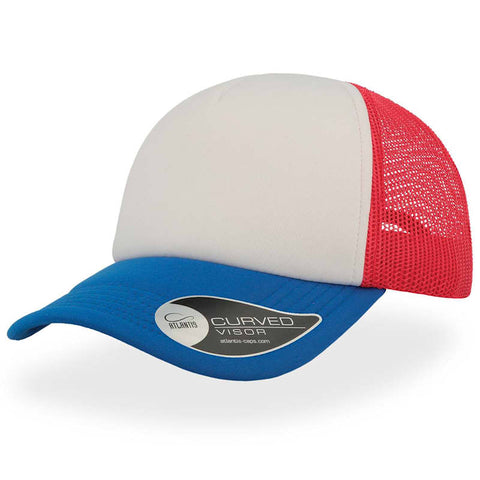 A trucker cap with a blue visor, grey front, and red mesh back, featuring a logo on the side.
