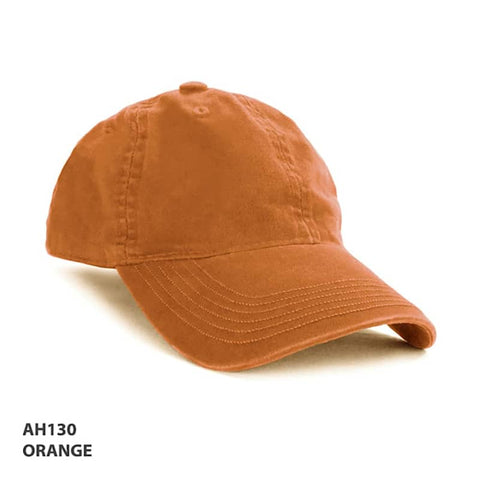 An orange enzyme washed cap featuring a curved brim. It has a logo on the side.
