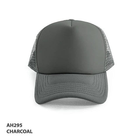 A charcoal Polymesh Trucker Cap with a solid front and mesh back, featuring a logo.