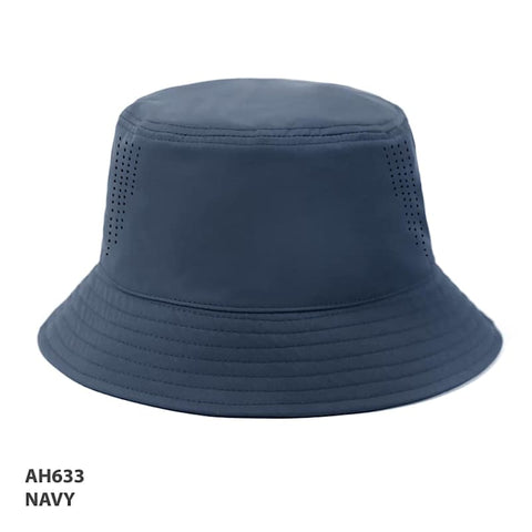 A navy bucket hat with a perforated design and a branded logo on the side.