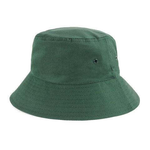 A green polycotton bucket hat featuring a wide brim and a logo detail.