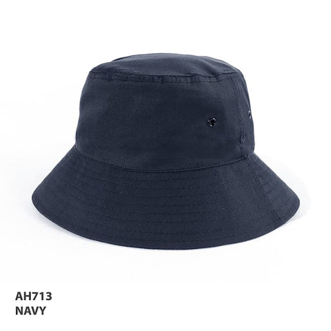 A navy polycotton school bucket hat with a wide brim and ventilation eyelets, featuring a logo.