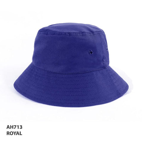 A royal blue polycotton bucket hat with a wide brim and ventilation holes. It features a logo.