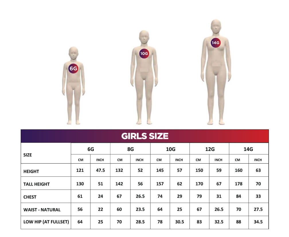 C2C Sports Girls Size Chart
