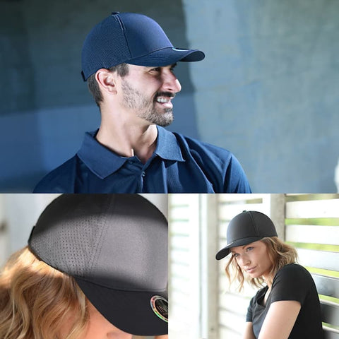 Premium nylon cap in navy blue with a sleek design, featuring a logo and a breathable mesh texture.