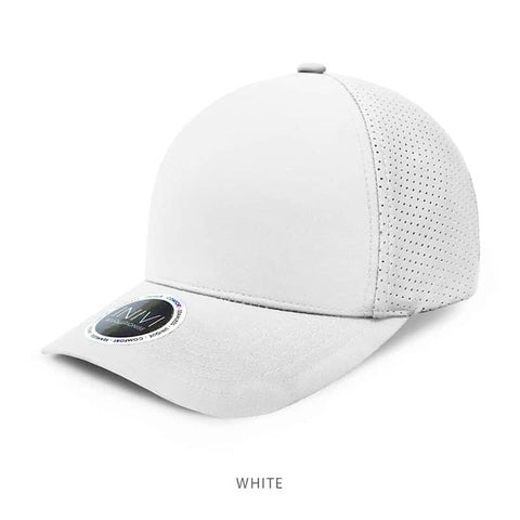 A white premium nylon cap with a perforated design and a logo on the side.