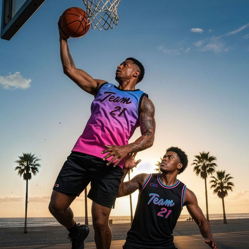 Player in pink and blue custom basketball uniform goes for a layup on an outdoor court