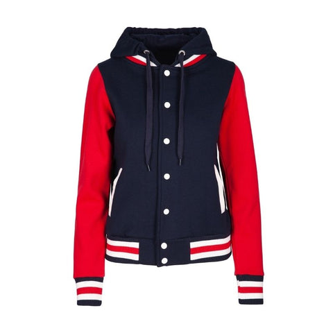 Ladies Hooded Varsity Jacket Navy Red White Front View